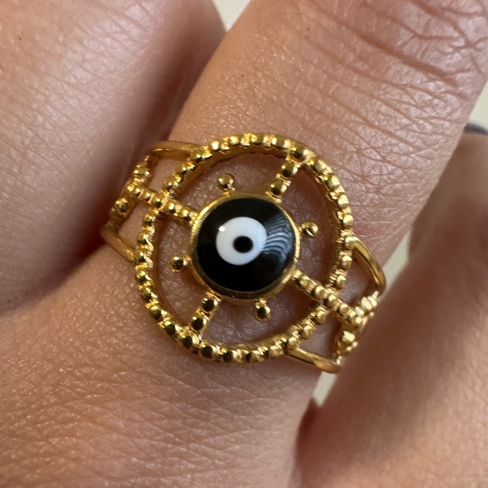 Gold Evil Eye Ring – Beaded Open Band – Size 7 – Protection Jewelry